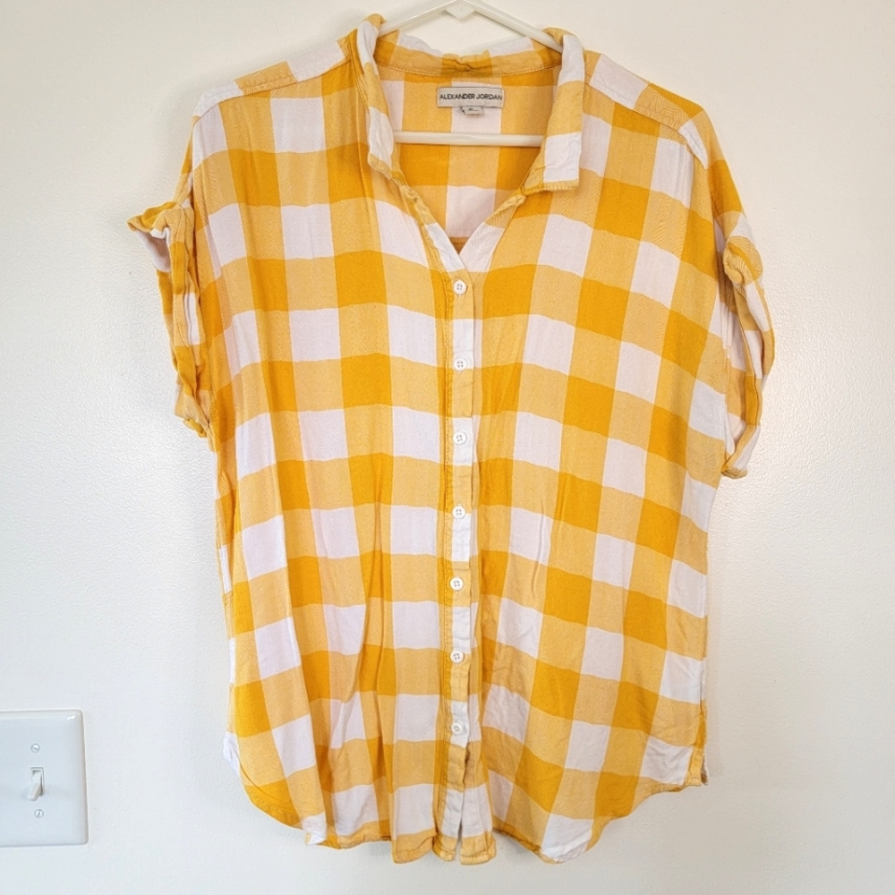Alexander Jordan Button Down Shirt Yellow White gingham XL flowy blouse